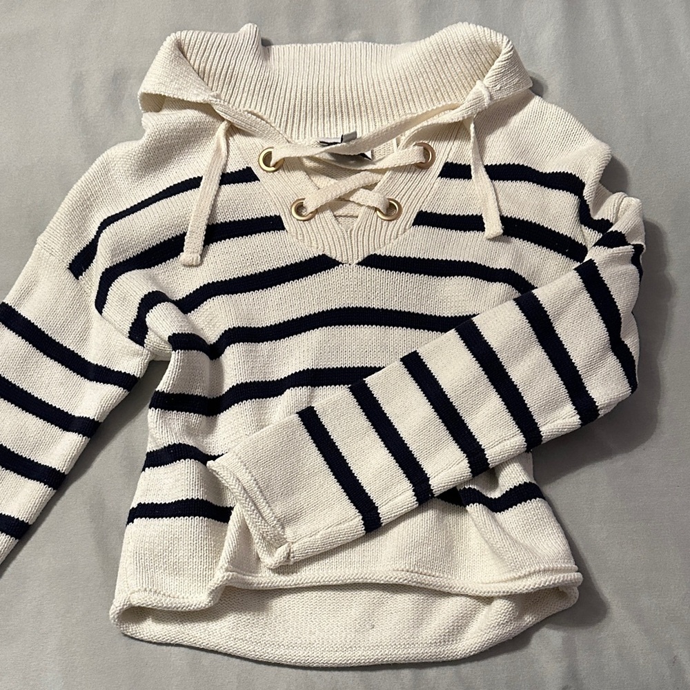 Pink Rose White & Navy Striped Lace-Up Crew Sweater
